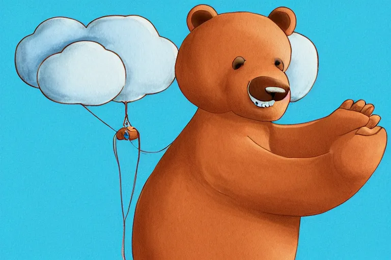 Prompt: a cartoon illustration of a huge blue fire balloon carrying a brown bear waving its hands, several clouds on light blue background, invitation card, handwriting title on the left, highly detailed, flat water color texture, graphic design contest winner, poster template on Canva