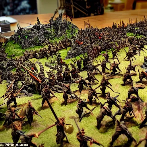 Image similar to photo taken of an epic battlefield diorama designed by weta workshops, an army of high elves battling a horde of orcs, with highly detailed 3 d printed characters, wide shot, photorealistic, sharp focus, f 0. 4, golden ratio, golden hour