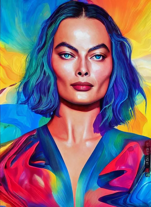 Prompt: Liang Huatao painting of stunning Margot Robbie in a Solarpunk leather robe, abstract sun in background, accurate anatomy, full body portrait, shiny soft skin, soft lighting, sharp details, warm colors, studio portrait, 35 mm film, subsurface scattering, lens flare