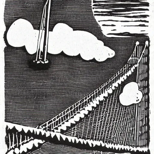 Image similar to small steel suspension bridge built in 1 9 2 8, side view, puffy clouds in background, marijuana cigarette floating in the sky, woodcut style, rubber stamp, 8 k