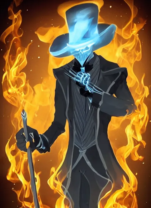 Image similar to DND character concept, skeletal male figure, wearing a deep black suit!!! and tie and top hat, holding a gold! cane!. Surrounded by light blue!!! flames!!