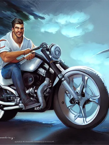 Prompt: a young handsome guy, riding a white harley. intricate, elegant, highly detailed, digital painting, artstation, concept art, sharp focus, illustration, by justin gerard and artgerm, 8 k