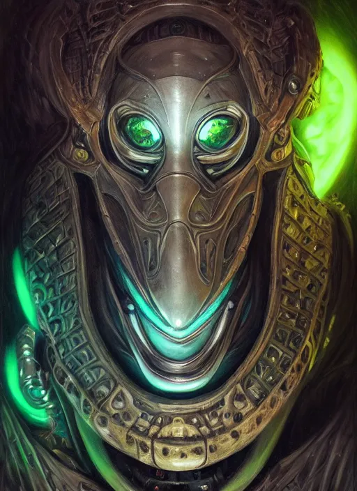 Image similar to mf doom reptile eyes, black skin, neon blacklight, intricate, elegant, highly detailed, centered, digital painting, artstation, concept art, smooth, sharp focus, illustration, artgerm, tomasz alen kopera, peter mohrbacher, donato giancola, joseph christian leyendecker, wlop, frank frazetta