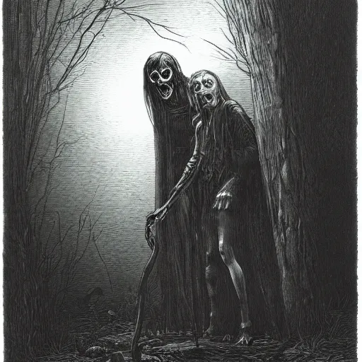 Prompt: night of the living dead, creepy atmosphere, dark, portrait, realistic, very realistic, illustration by Gustave Doré