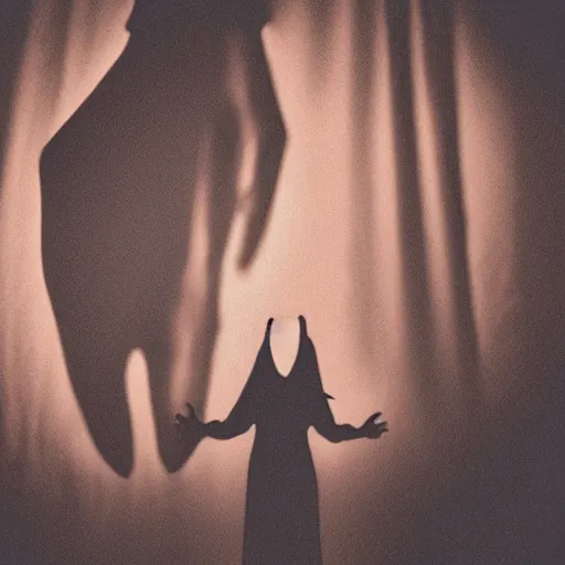 Image similar to A selfie of a woman in a dark room, with a spooky filter applied, with a figure in the background, reaching out towards the camera, in a Halloween style.