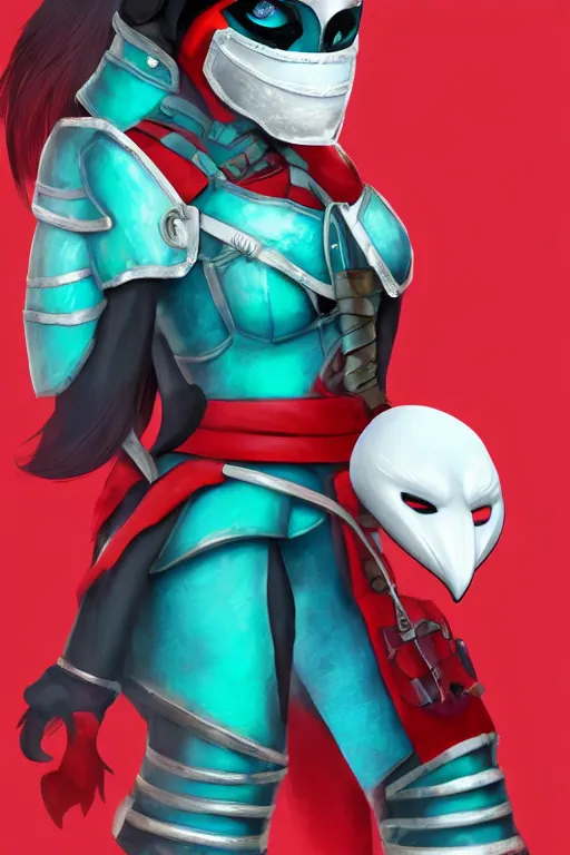 Image similar to female adventurer in tight full - body teal leather armor of japanese design with red accents and a white porcelain crow mask, trending in artstation, japanese, artstation, big moon in the background, establishing shot