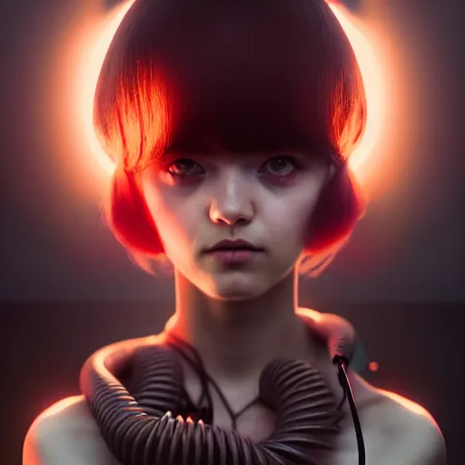 Image similar to girl covered in power cables by tom bagshaw and ilya kuvshinov, rtx rendering, octane render 1 2 8 k, maya, extreme high intricate details by wlop, digital anime art by ross tran, medium shot, close up shot, composition by sana takeda, dramatic lighting by greg rutkowski