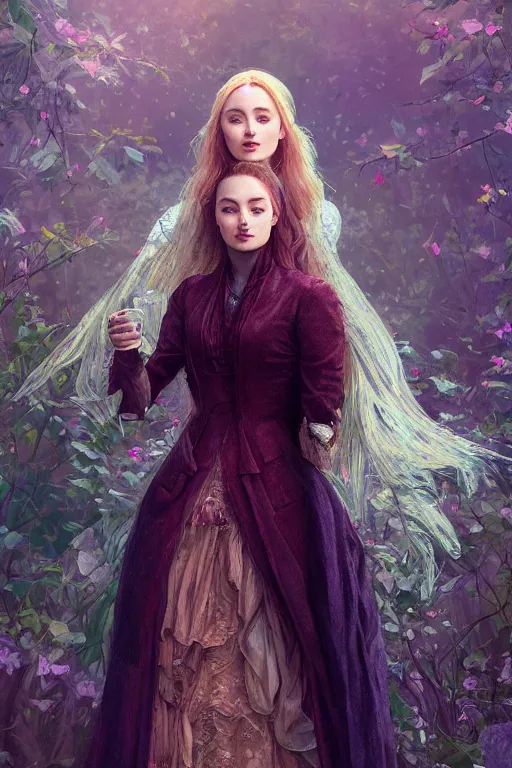 Prompt: sophie turner as marie antoinnette detailed clothing, half body shot, arms down, path traced, highly detailed, high quality, digital painting, alena aenami, lilia alvarado, shinji aramaki, karol bak, alphonse mucha, tom bagshaw