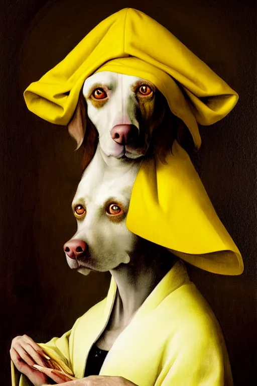 Image similar to hieronymus bosch, greg rutkowski, anna podedworna, painting of a brown haired dog eared girl with yellow blazer over a white dress who works at a bakery, close up portrait