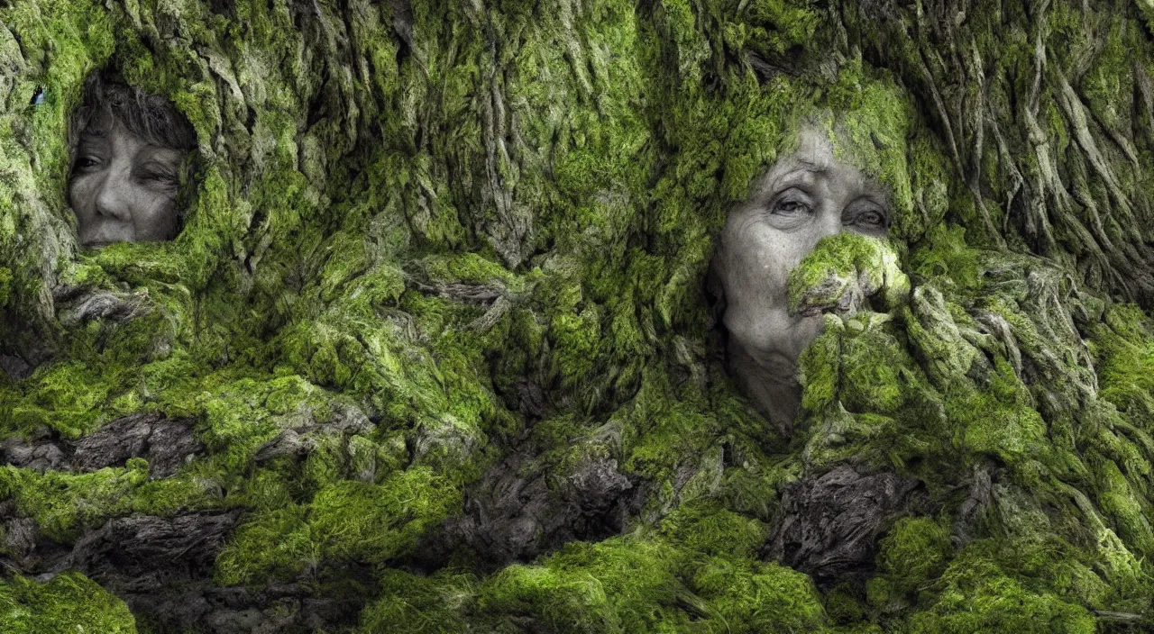 Image similar to Giant 65 year-old Gaia covered in moss, crying softly and humbly, sitting on a dried up river, highly-detailed, elegant, dramatic lighting, artstation, 4k