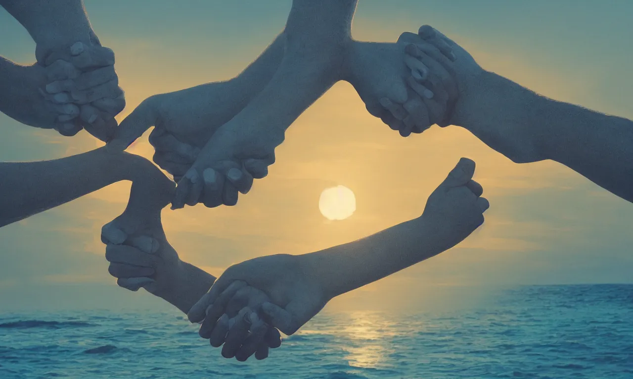 Image similar to digital illustration of many highly hands arms gripping each other by the forearms, at sunset, in the style trending on artstation, cinematic, expressing the idea of teamwork, ocean spray, dramatic lighting