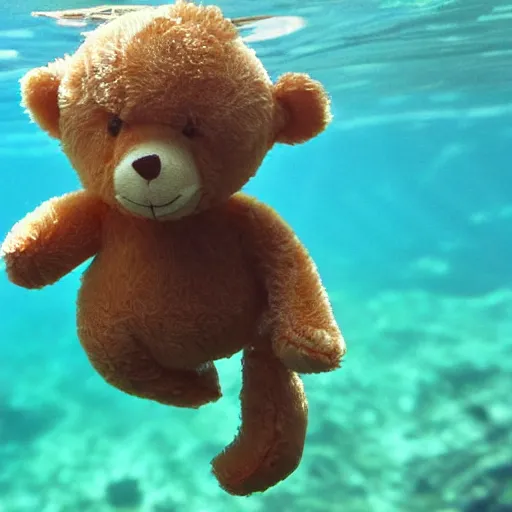 Prompt: Teddy bears working on new AI research underwater with 1990s technology