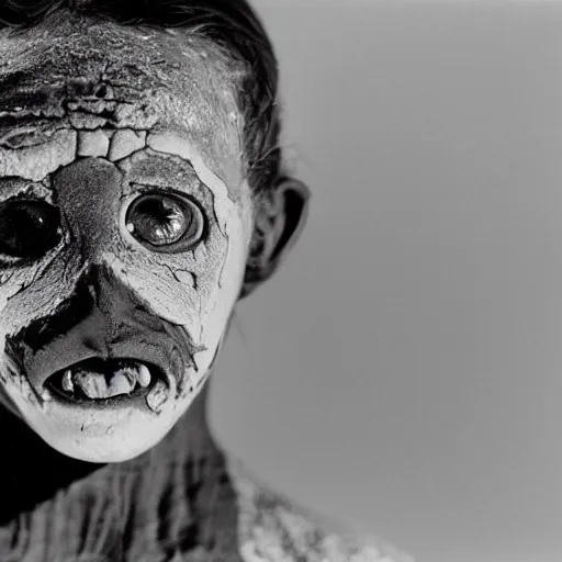 Image similar to deformed irradiated person with acute radiation sickness flaking, melting, rotting skin wearing 1950s clothing background a 1950s nuclear wasteland. Photo is black and white award winning photo highly detailed, highly in focus, highly life-like, facial closeup taken on Arriflex 35 II, by stanley kubrick