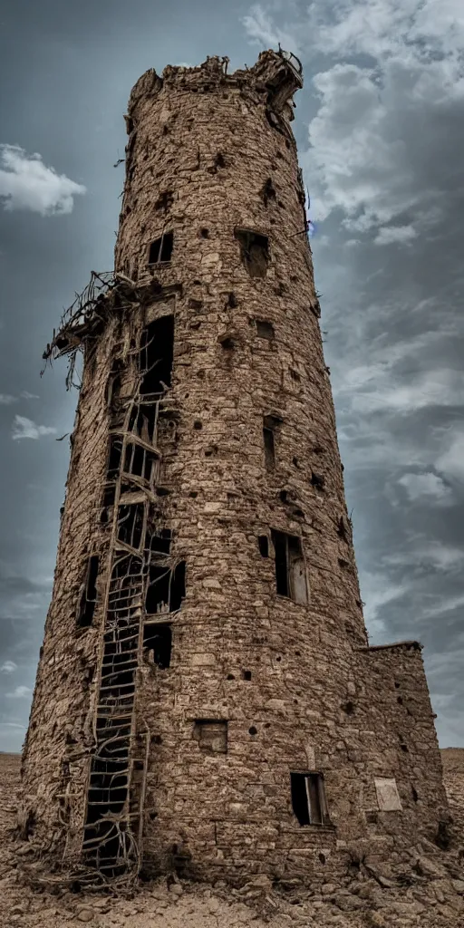 Image similar to an old decaying tower in the middle of a vast desert, fantasy, hyper realistic, atmospheric lighting, cinematic, 8k,