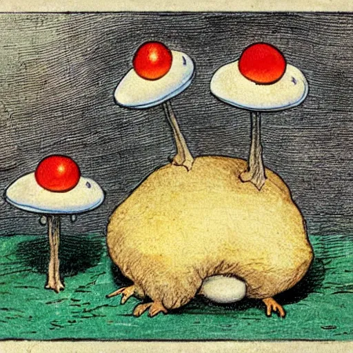 Prompt: toadstool with a ( fried egg )! cap. illustration by beatrix potter