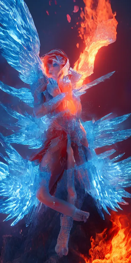 Prompt: an angel of fire and ice, fire wings, icy body, high definition, 8k, octane render, cinematic, mist, intricate, ultra detailed