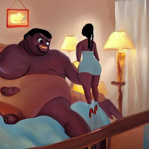 Image similar to stunning, coherent, beautiful painting, still of a giant man destroying a beautiful black bbw woman in her bed , she is taking a selfie of the creepy man is following her, 3d, in the style of pixar, comic book style, 3d, highly detailed, highly detailed, sharp focus, bokeh, depth of field, 16k resolution, Unreal Engine 5, coherent, cinematic lighting, photorealistic, by Zhang Jingna