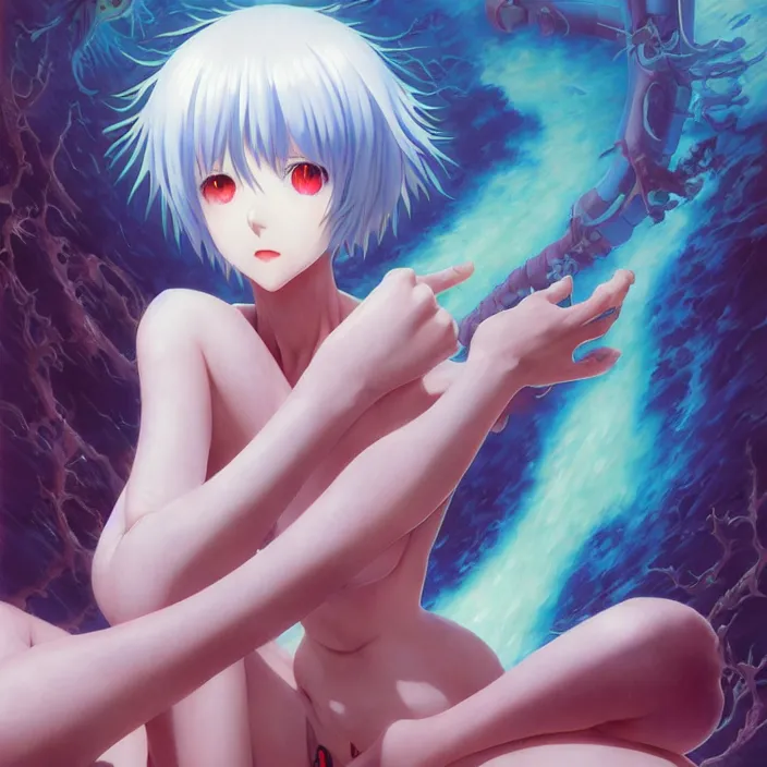 Prompt: Rei Ayanami, Closeup Female Anime Character, Japan Lush Forest, official anime key media, Iwakura Lain, LSD Dream Emulator, paranoiascape ps1, official anime key media, painting by Vladimir Volegov, beksinski and dan mumford, giygas, technological rings, johfra bosschart, Leviathan awakening from Japan in a Radially Symmetric Alien Megastructure turbulent bismuth glitchart, Atmospheric Cinematic Environmental & Architectural Design Concept Art by Tom Bagshaw Jana Schirmer Jared Exposure to Cyannic Energy, Darksouls Concept art by Finnian Macmanus