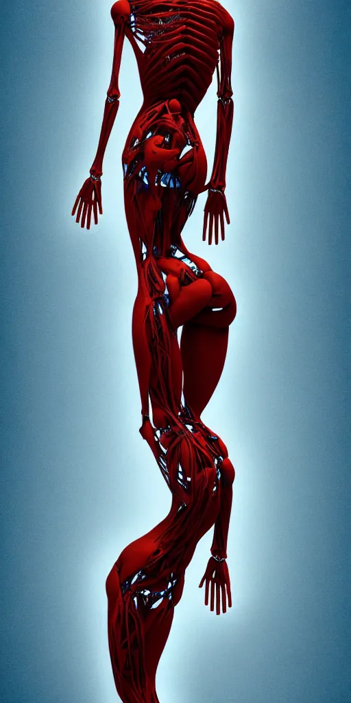 Image similar to poster design, full body anatomical model, 3 d photographic render of a deconstructed asymmetric human anatomical correct human body, in hoc signo vinces, waterfall, in the style of leonora carrington, gottfried helnwein, intricate composition, blue light by caravaggio, insanely quality, highly detailed, masterpiece, red light, artstation
