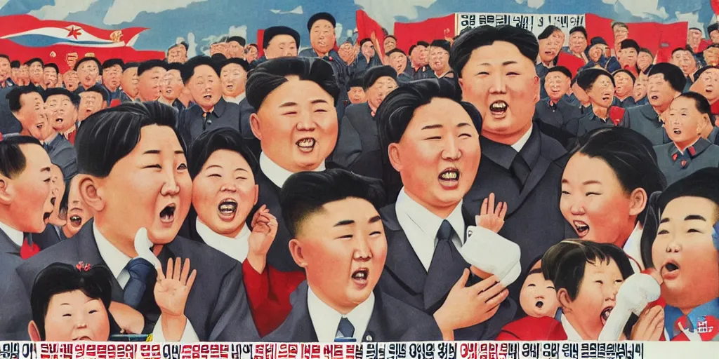 Image similar to north korean propaganda poster with children surrounding dear leader and generals crying in the background