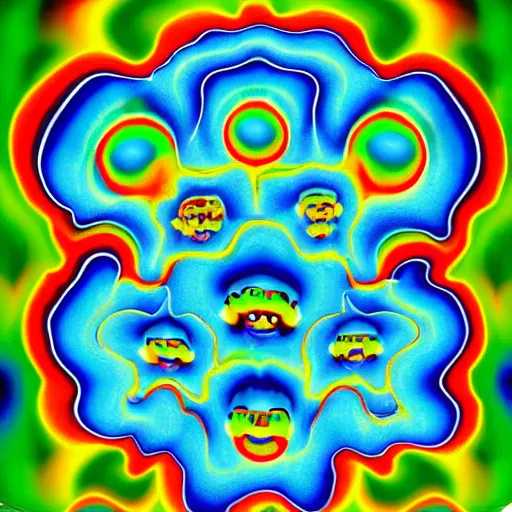 Image similar to an atomic explosion mushroom cloud that looks like a clown and is made of smaller clowns recursive fractal self similar