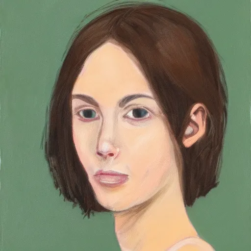 Prompt: a portrait of a girl with green eyes, short brown hair, a long neck