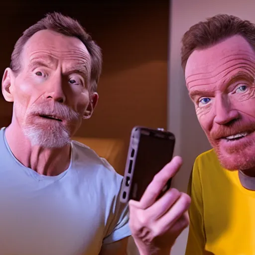 Image similar to A still of Jerma taking a selfie with Bryan Cranston in Albuquerque, New Mexico with a yellow filter, real life, hyperrealistic, ultra realistic, realistic, highly detailed, epic, HD quality, 8k resolution, body and headshot, Trending on Artstation, very realistic