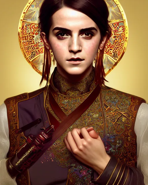 Image similar to portrait of a turkish masculine female emma watson cyberpunk machine, machine face, upper half portrait, decorated with ottoman opera motifs, muscular, asian, fine china, wuxia, traditional chinese art, intricate intense elegant, highly detailed symmetry headpiece digital painting artstation concept art smooth sharp focus illustration, art by artgerm and greg rutkowski alphonse mucha 8 k