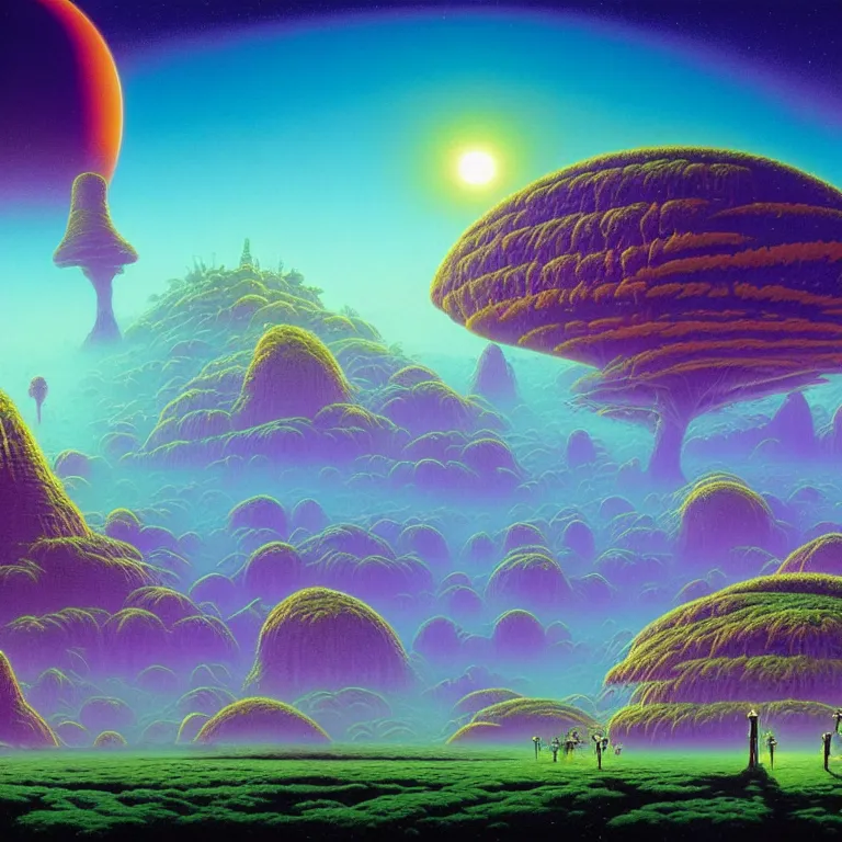 Image similar to mysterious ancient dieties hovering over magical quantum jungle, infinite psychic waves, synthwave, bright neon colors, highly detailed, cinematic, wide angle, tim white, michael whelan, roger dean, bob eggleton, lisa frank, vladimir kush, kubrick, kimura, isono