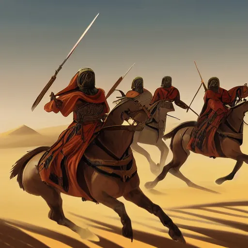 Prompt: crusaders charging across the desert sand at the arabian army, medieval, highly detailed, digital painting, concept art, sharp focus, by makoto shinkai