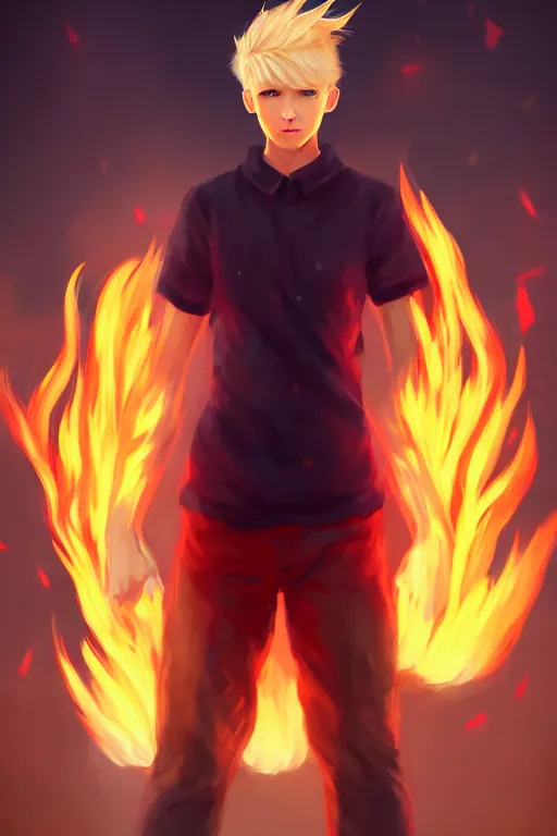 Prompt: character art by wlop, young man, blonde hair, on fire, fire powers