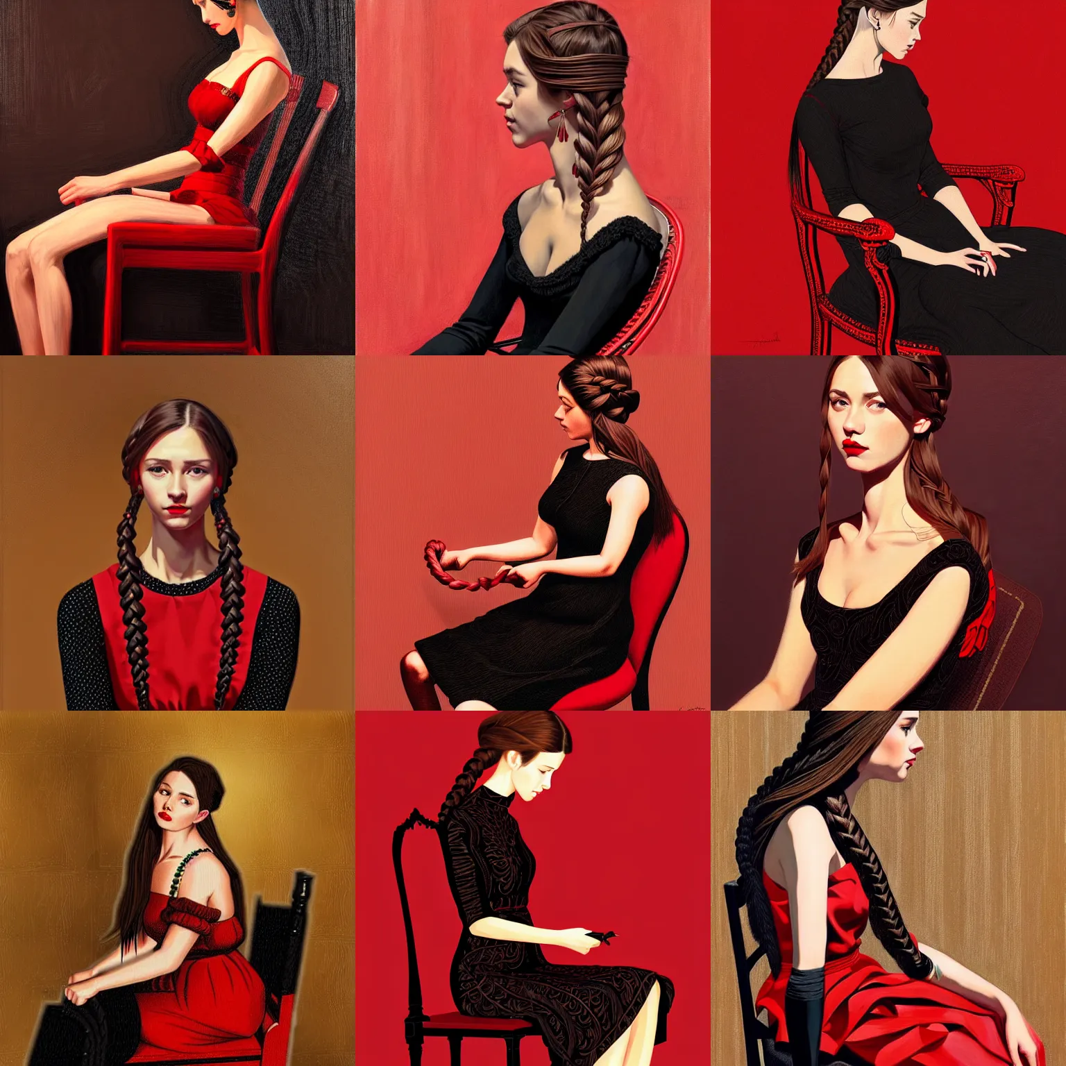 Prompt: beautiful woman with braided brown hair, wearing an elegant dress, and sitting on a chair, highly detailed, painting, red and black color palette, intricate, in the style of ilya kuvshinov