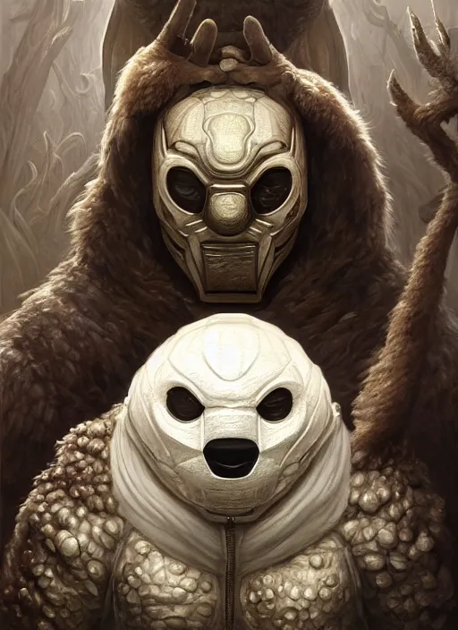 Prompt: pand bear mf doom reptile eyes, white furry skin. intricate, elegant, highly detailed, centered, digital painting, artstation, concept art, smooth, sharp focus, illustration, artgerm, tomasz alen kopera, peter mohrbacher, donato giancola, joseph christian leyendecker, wlop, frank frazetta