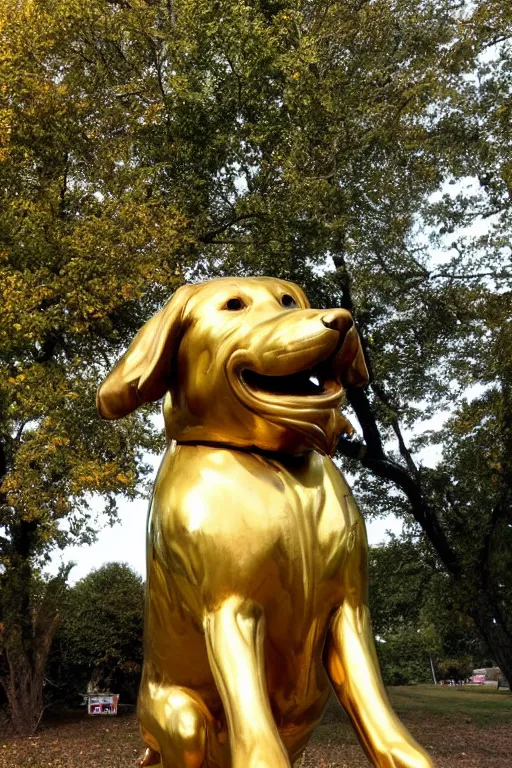 Image similar to a huge golden statue of a dog smiling, photography