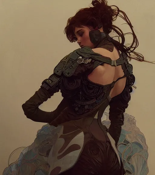 Prompt: woman model, combat mech clothes, in a bedroom, intricate clothes, elegant, highly detailed, digital painting, artstation, concept art, smooth, sharp focus, illustration, art by krenz cushart and artem demura and alphonse mucha