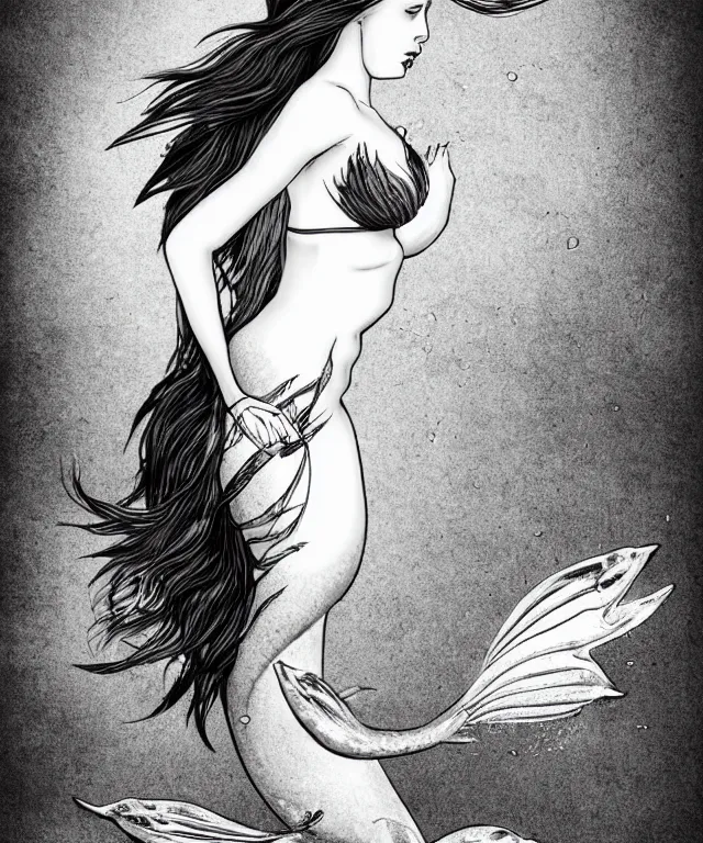 Image similar to black and white illustration, creative design, dark fantasy, beautiful mermaid, full body, swimming in ocean, fish tail bikini top flowing hair