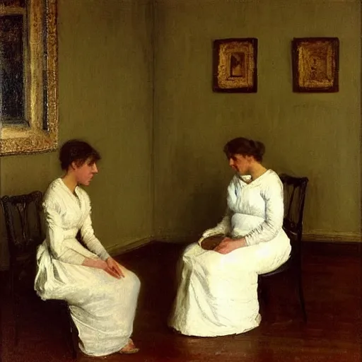 Image similar to white 👗 women in a room, by thomas eakins