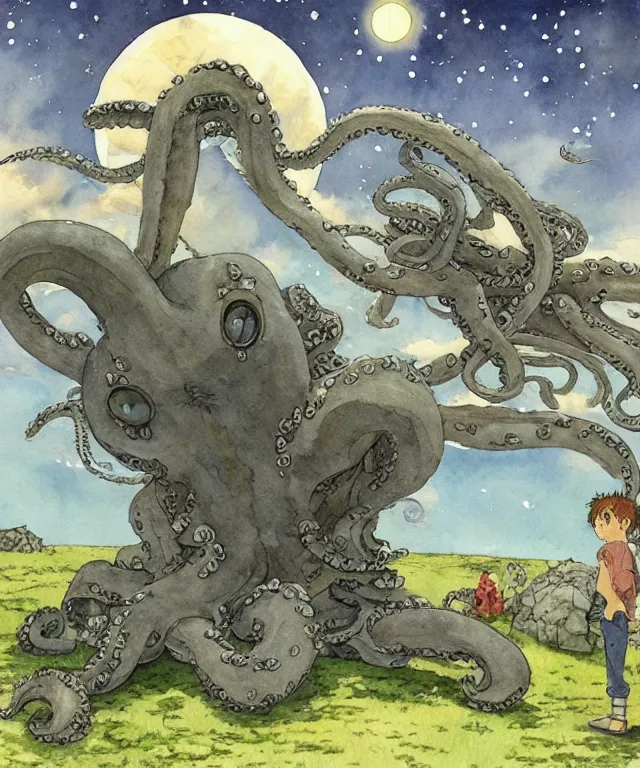 Image similar to a hyperrealist studio ghibli watercolor fantasy concept art. in the foreground is a giant grey octopus lifting and putting stones in to place on top of stonehenge with a starry sky. by rebecca guay, michael kaluta, charles vess