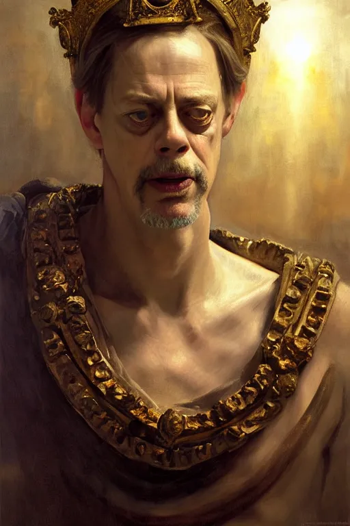 Image similar to beautiful oil painting portrait of ancient roman god emperor steve buscemi wearing the civic crown levitating and ascending religious pose, ascension, art by anders zorn, wonderful masterpiece by greg rutkowski, expressive brush strokes, beautiful cinematic light, american romanticism by greg manchess, jessica rossier