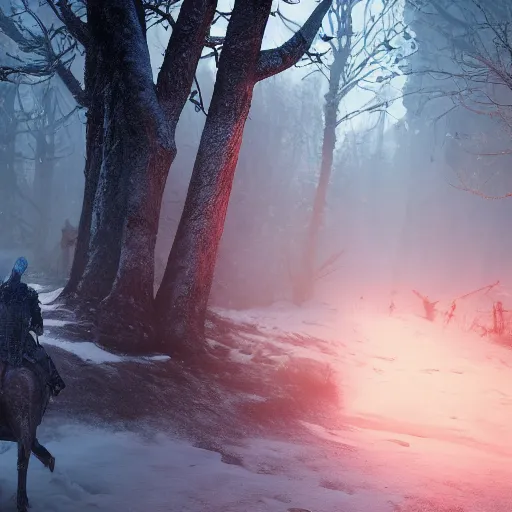 Image similar to the wild hunt, unholy spectres riding in the sky, bad omen, enchanted forest, blizzard storm, fog, full moon, snowy environment, in the style of the witcher series, hyperrealism, breathtaking, award winning, groundbreaking, octane render, unreal 5, intricate digital art, 8 k high resolution