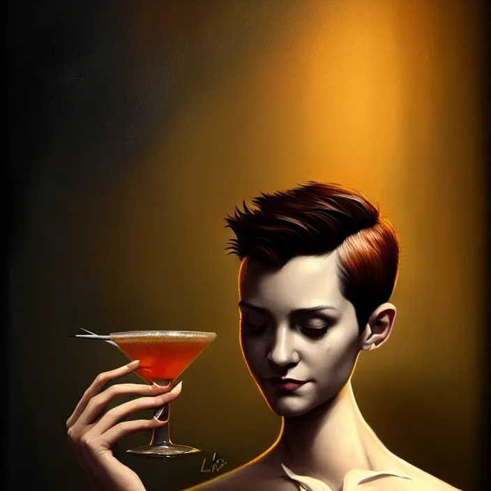 Prompt: a young sophisticated beautiful barmaid, dimly lit dive bar, hip modern vibe, relaxed pose, pixie cut with shaved side hair, wild, highly detailed, digital painting, artstation, sharp focus, illustration, detailed painterly digital art style by Lise Deharme + perfect facial symmetry + dim volumetric lighting, vibrant deep colors, 🍸, 8k octane beautifully detailed render, post-processing, extremely hyperdetailed, epic composition, grim yet sparkling atmosphere, cinematic lighting + masterpiece, Art Nouveau, unreal engine, hyperrealistic