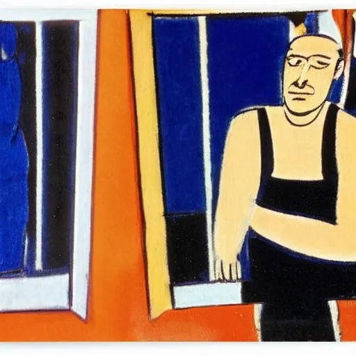 Prompt: mirrored image of a guy pointing a gut at his reflection. mirrored vertical. centered. by matisse.