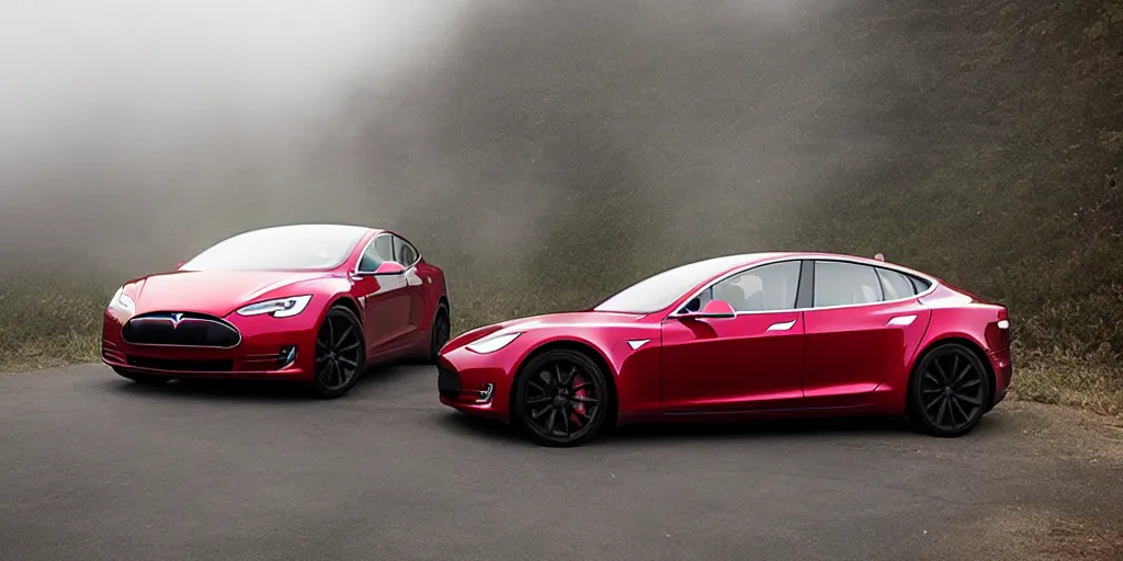 Image similar to a v 8 sport car designed by tesla, outdoor magazine, ambient light, fog