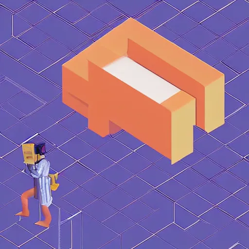 Prompt: flat, isometric, sythwave, printer floating in space