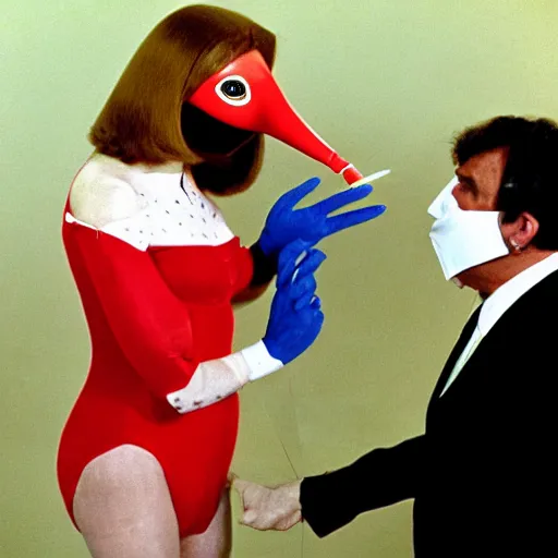 Image similar to 1970 woman on tv show wearing a mask with a long prosthetic nose, prosthetic eyeballs, wearing a leotard on the hillside 1970 color archival footage color film 16mm holding a hand puppet Fellini Almodovar John Waters Russ Meyer Doris Wishman