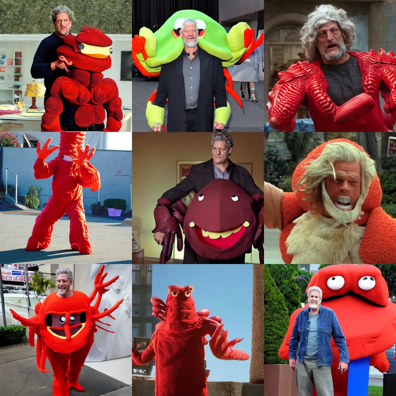 Prompt: clancy brown dressed in a giant cartoony crab costume