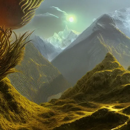 Image similar to a beautiful and highly detailed digital art of nepal in science fiction movie, detailed high buildings and rockets, forgotten valley, swirling mist, lush forests, intricate details, epic scale, insanely complex, 8 k, sharp focus, hyper realism, fantasy landscape, psychedelic, by caspar friedrich,