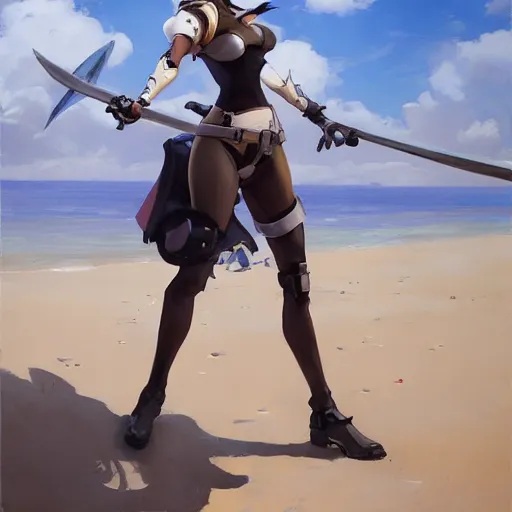 Image similar to greg manchess painting of tracer from overwatch as 2 b nier automata on the beach holding a sword, organic painting, sunny day, matte painting, bold shapes, detailed, detailed, face trending on artstation, artstationhd, artstationhq, hard edges, by huang guangjian and gil elvgren and sachin teng