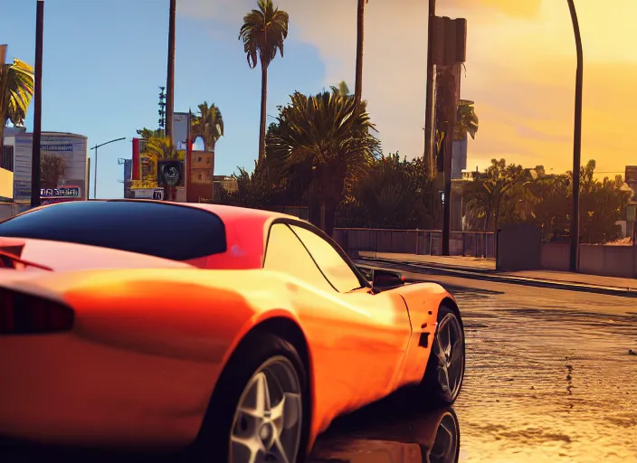 Image similar to still next - gen ps 5 game grand theft auto 6 2 0 2 4 remaster, graphics mods, rain, red sunset, people, rtx reflections, gta vi, miami, palms and miami buildings, photorealistic screenshot, unreal engine, 4 k, 5 0 mm bokeh, close - up concept sport car!, gta vice city remastered, artstation