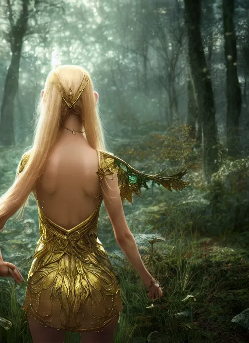 Image similar to magical forest with gold and silver leafs, music, girl with blond long hair back view, elves, lord of the rings style, ultra detailed, trending on artstation, concept art, octane render, unreal engine,